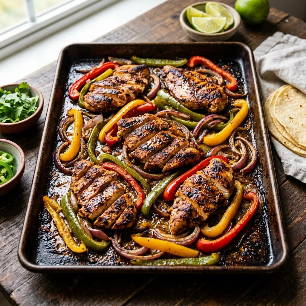 Delicious sheet pan fajitas with colorful bell peppers and seasoned chicken