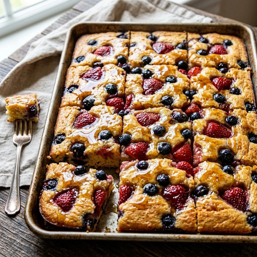 Delicious sheet pan pancakes served with toppings on a rustic table.