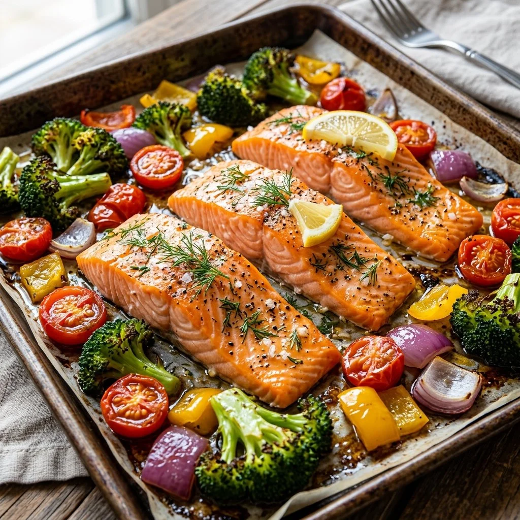 Delicious sheet pan salmon with vegetables ready to serve
