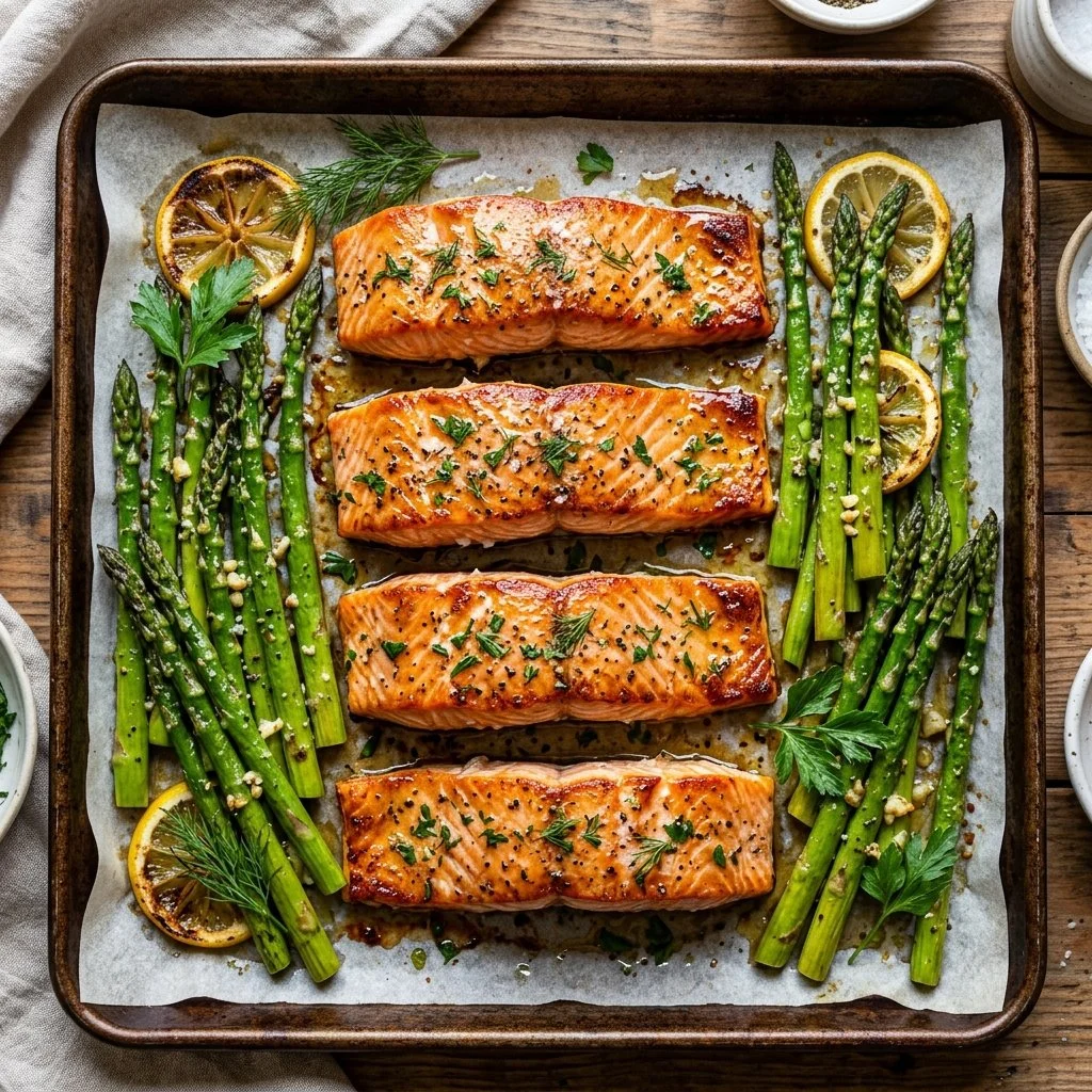 Sheet pan salmon and asparagus ready to serve on a dinner plate