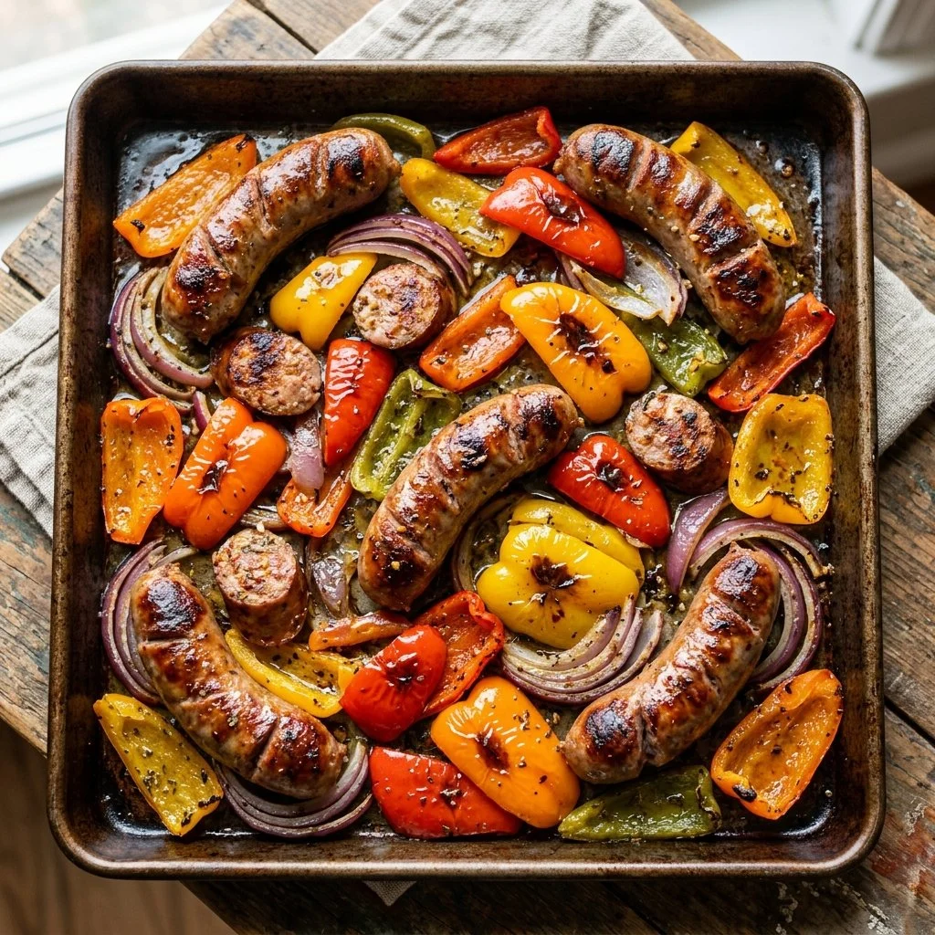 Delicious sheet pan sausage and peppers dish ready to serve