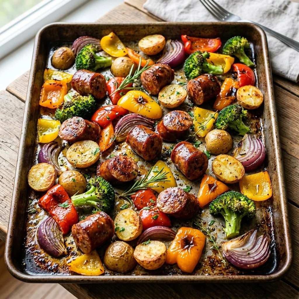 Sheet Pan Sausage and Veggies recipe with colorful vegetables and savory sausage