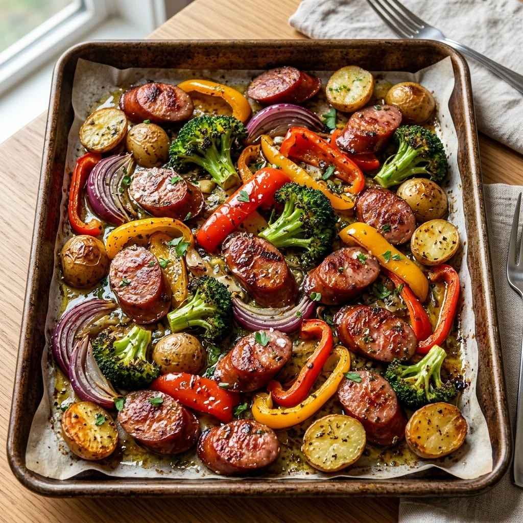 Sheet pan filled with sausage and colorful veggies ready for baking.