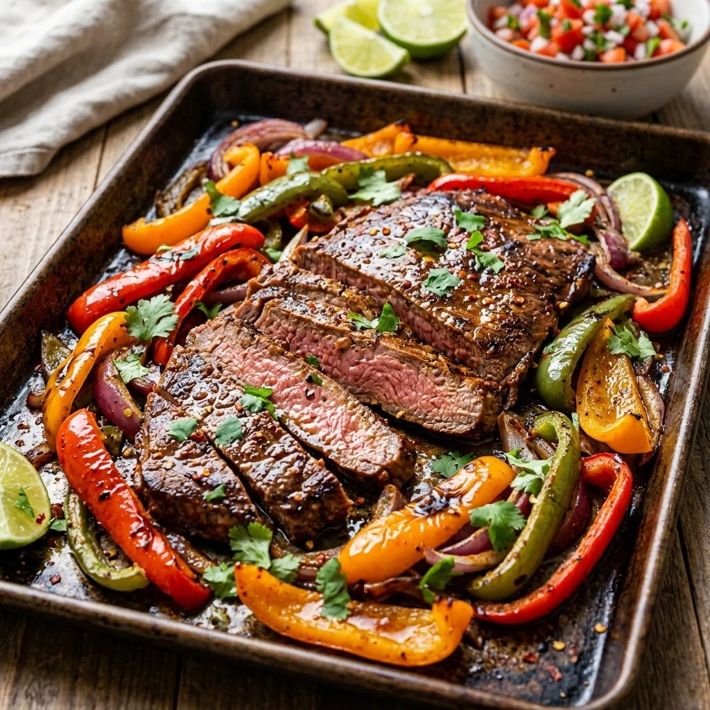 Sheet pan steak fajitas with colorful peppers and onions ready to serve.