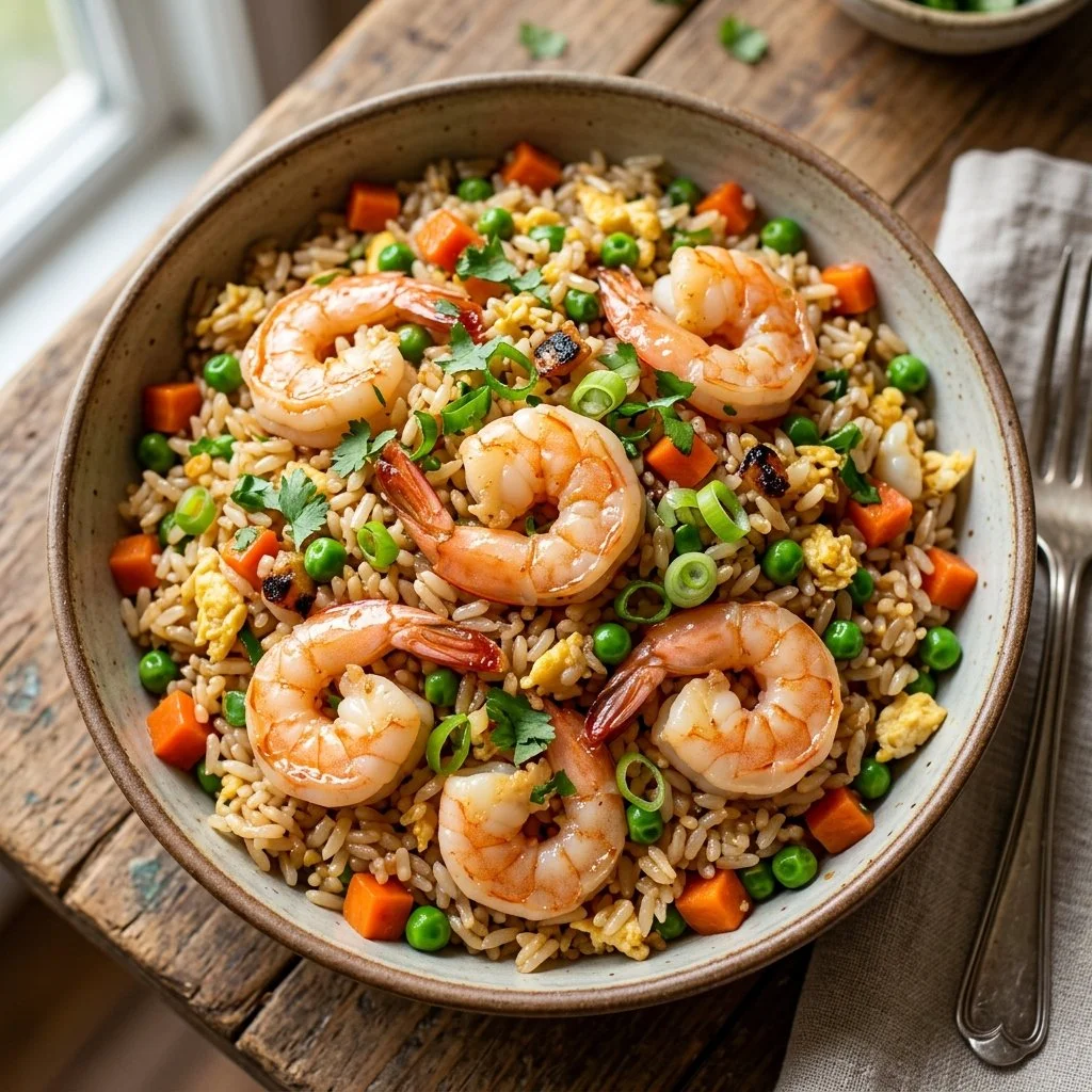 Delicious plate of shrimp fried rice garnished with fresh vegetables and herbs.