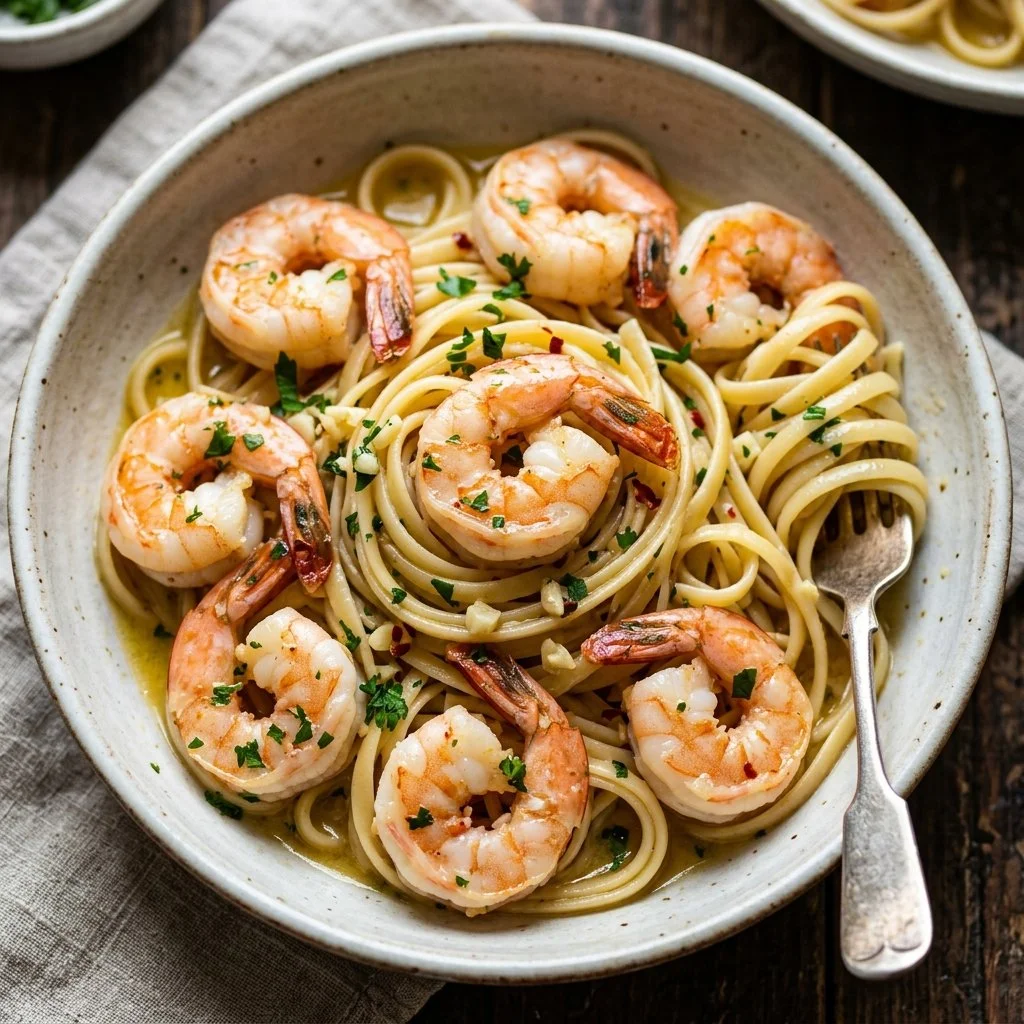 Plate of Shrimp Scampi Pasta with garlic, butter, and parsley garnish