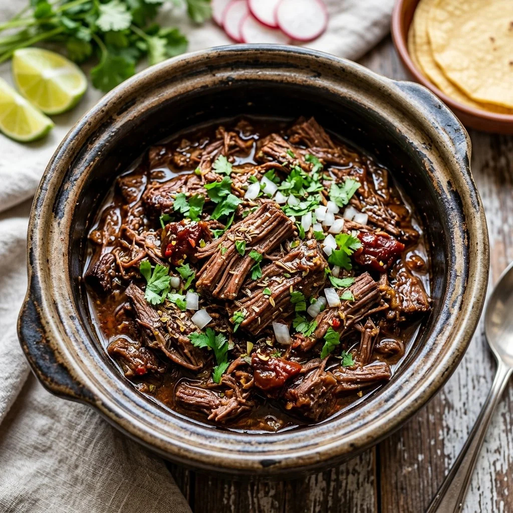 Delicious slow cooker barbacoa beef served with tortillas and fresh toppings
