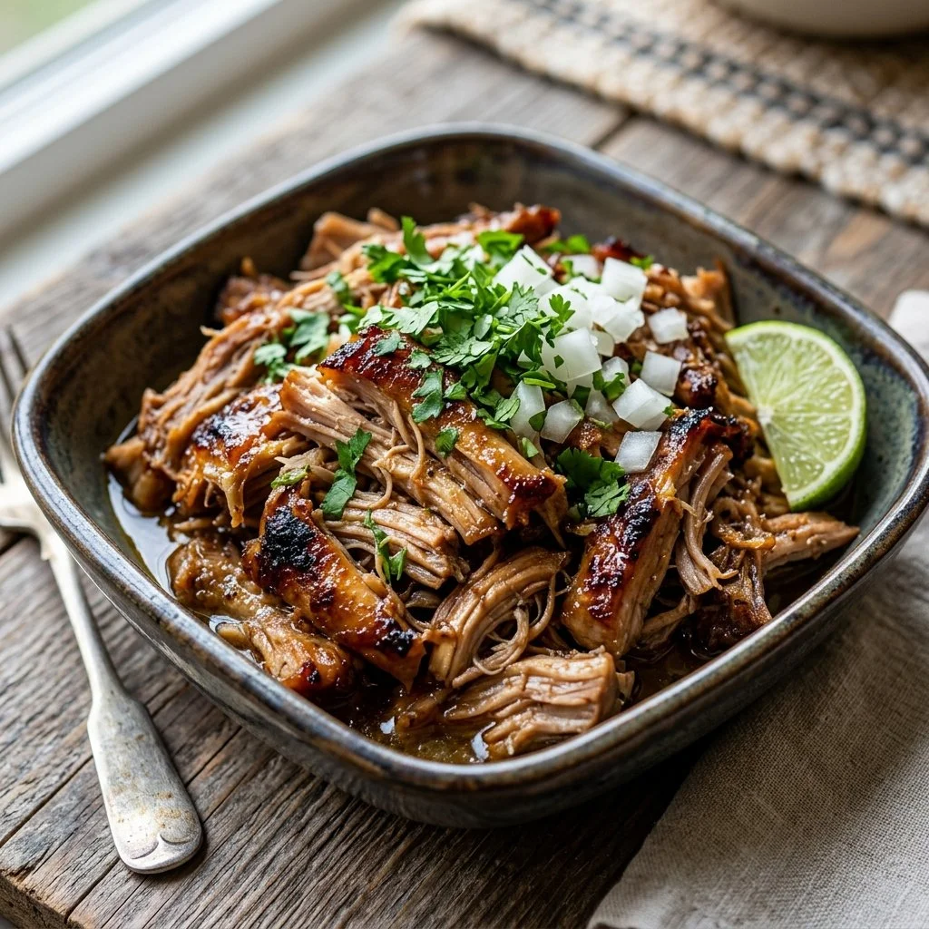 Slow Cooker Chicken Carnitas dish garnished with fresh cilantro and lime