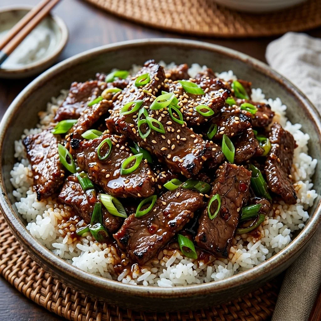 Slow Cooker Mongolian Beef dish garnished with green onions
