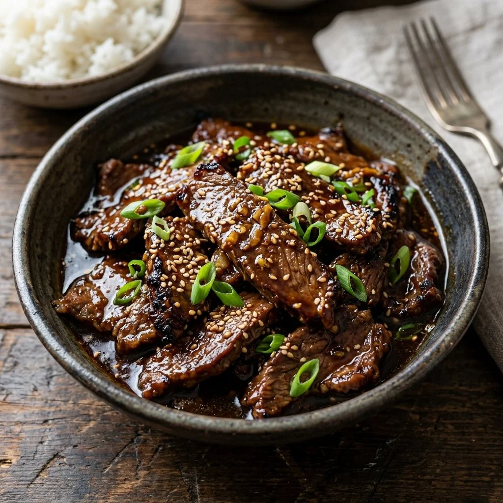 Delicious Slow Cooker Mongolian Beef served with rice on a plate