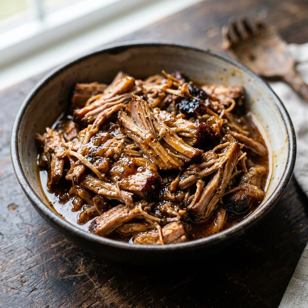 Delicious slow cooker pulled pork served on a bun with barbecue sauce
