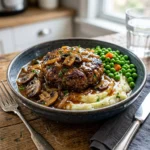 Plate of Slow Cooker Salisbury Steak served with mashed potatoes.