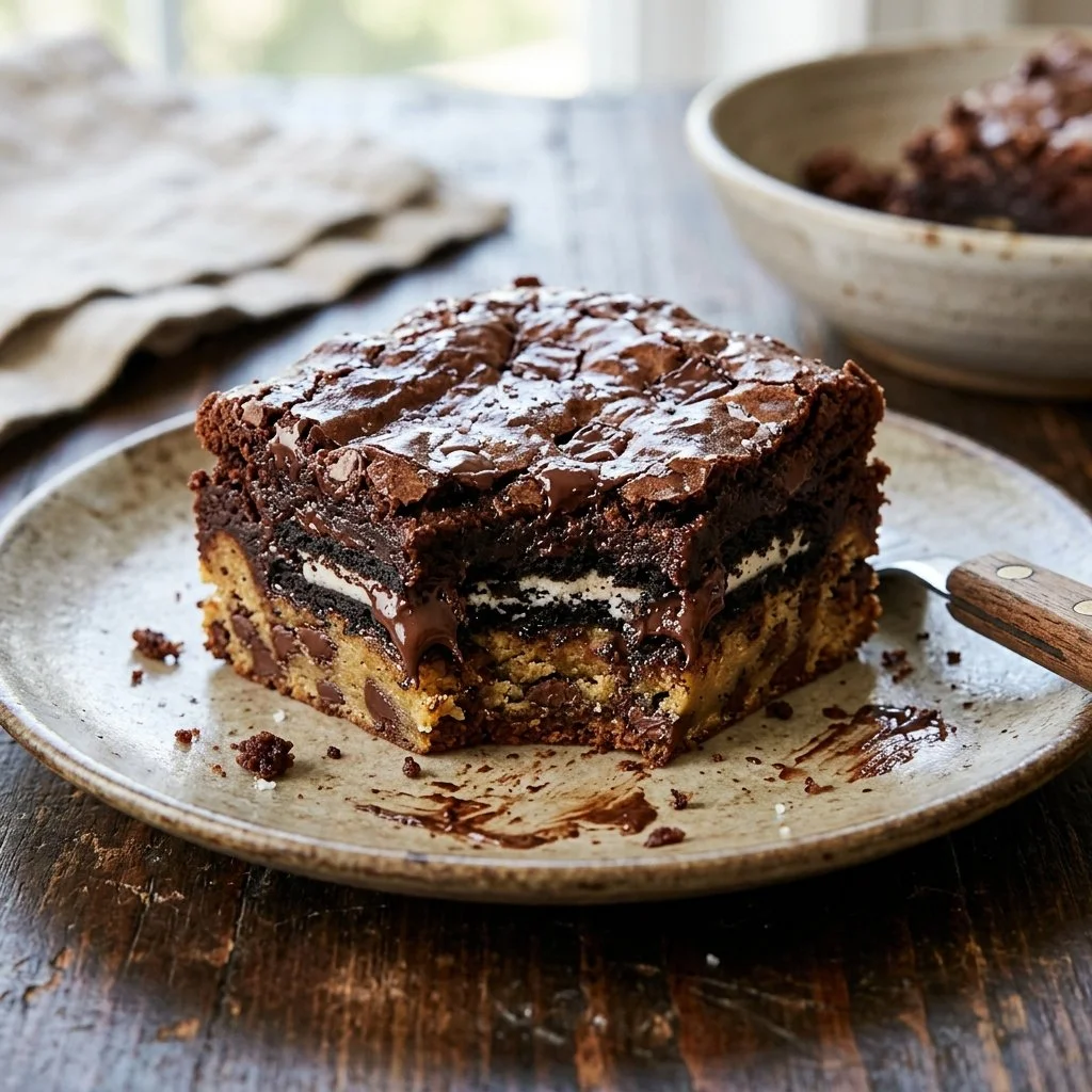 Delicious slutty brownies made with chocolate brownies, cookie dough, and Oreos.