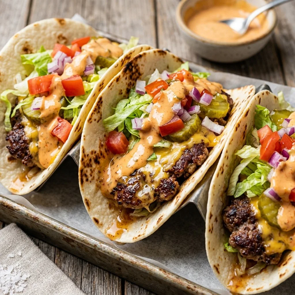 Delicious Smash Burger Tacos topped with fresh ingredients and sauces