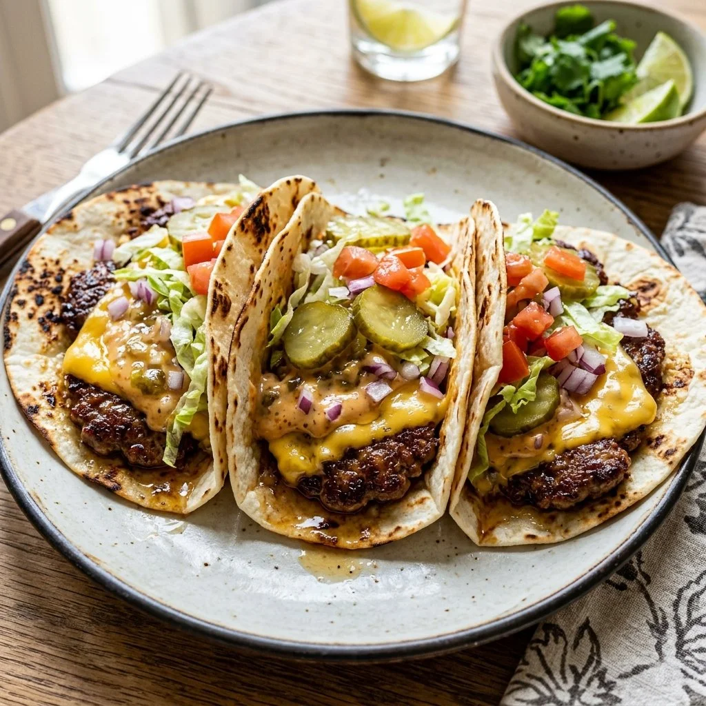 Delicious Smash Burger Tacos garnished with fresh ingredients