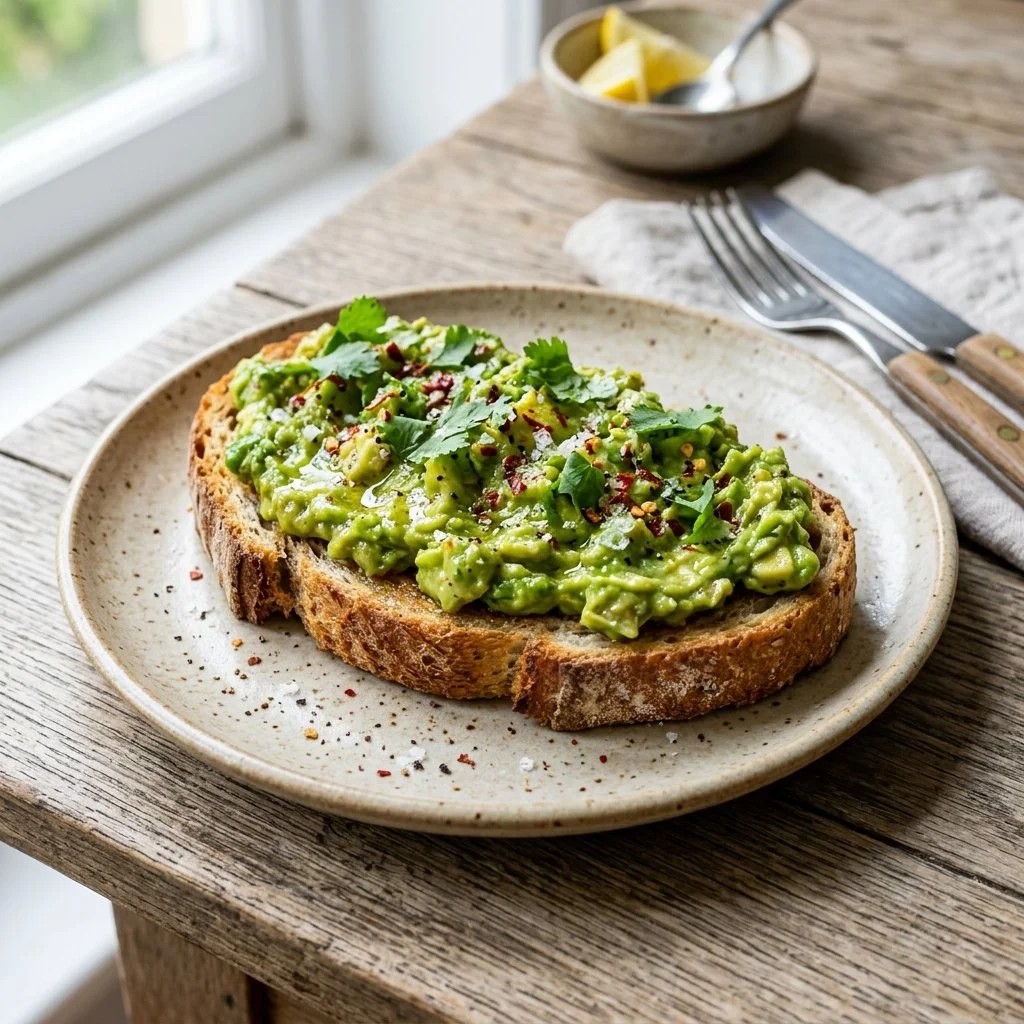 Delicious smashed avocado toast with toppings on a wooden background