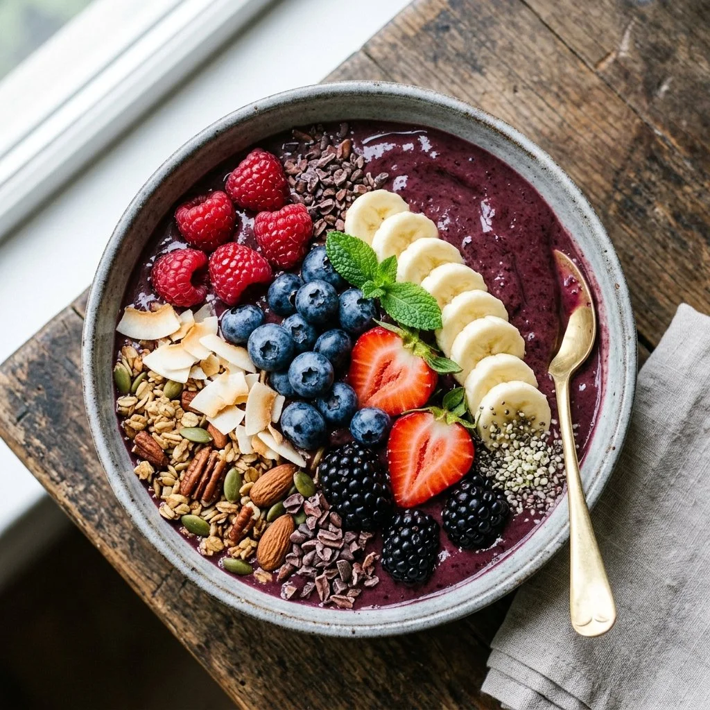 Colorful smoothie bowl topped with fresh fruits and nuts