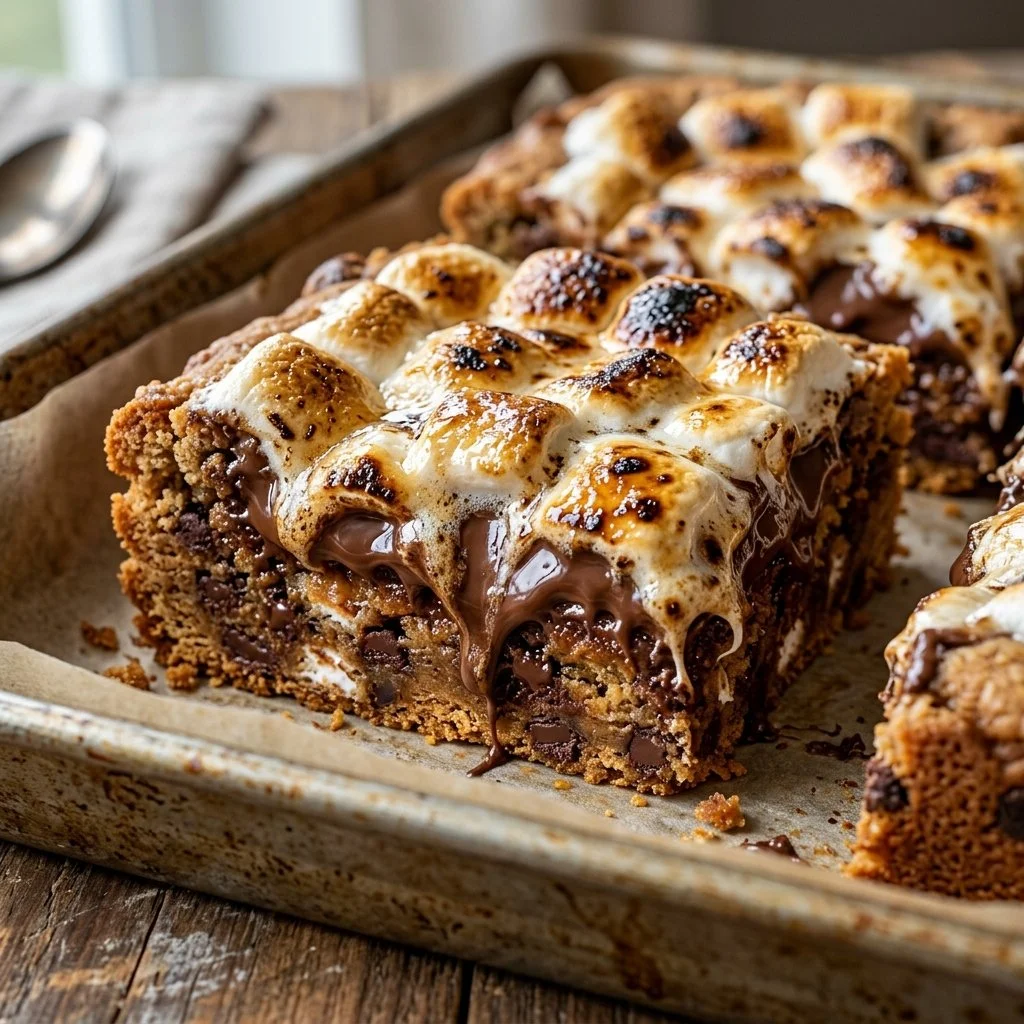 Delicious S'mores Cookie Bars with chocolate, marshmallows, and graham crackers.