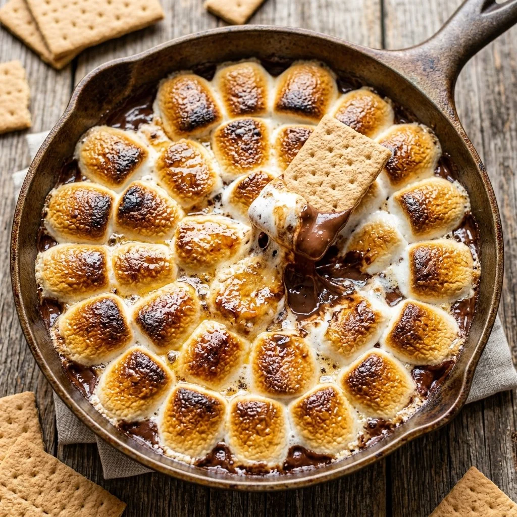 Delicious S'mores Dip with melted chocolate and toasted marshmallows.