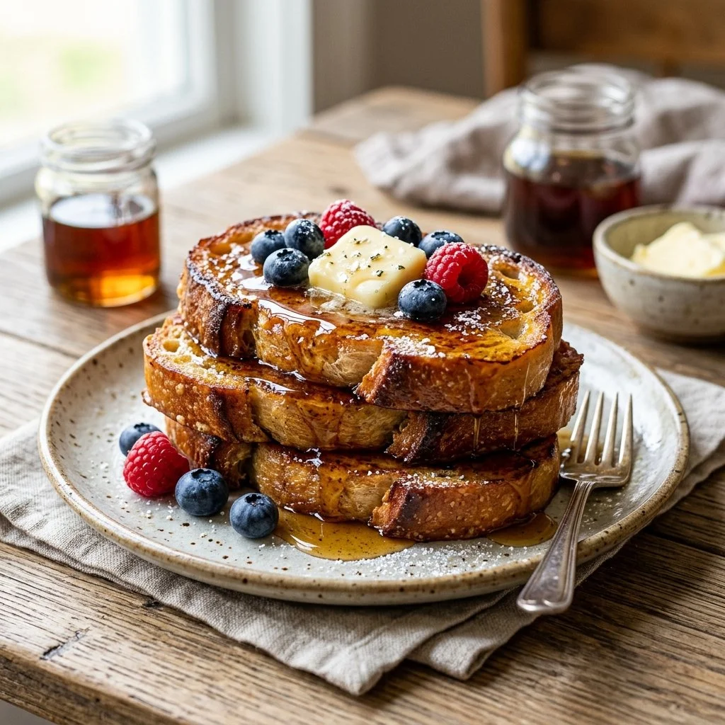 Deliciously plated sourdough French toast with syrup and berries