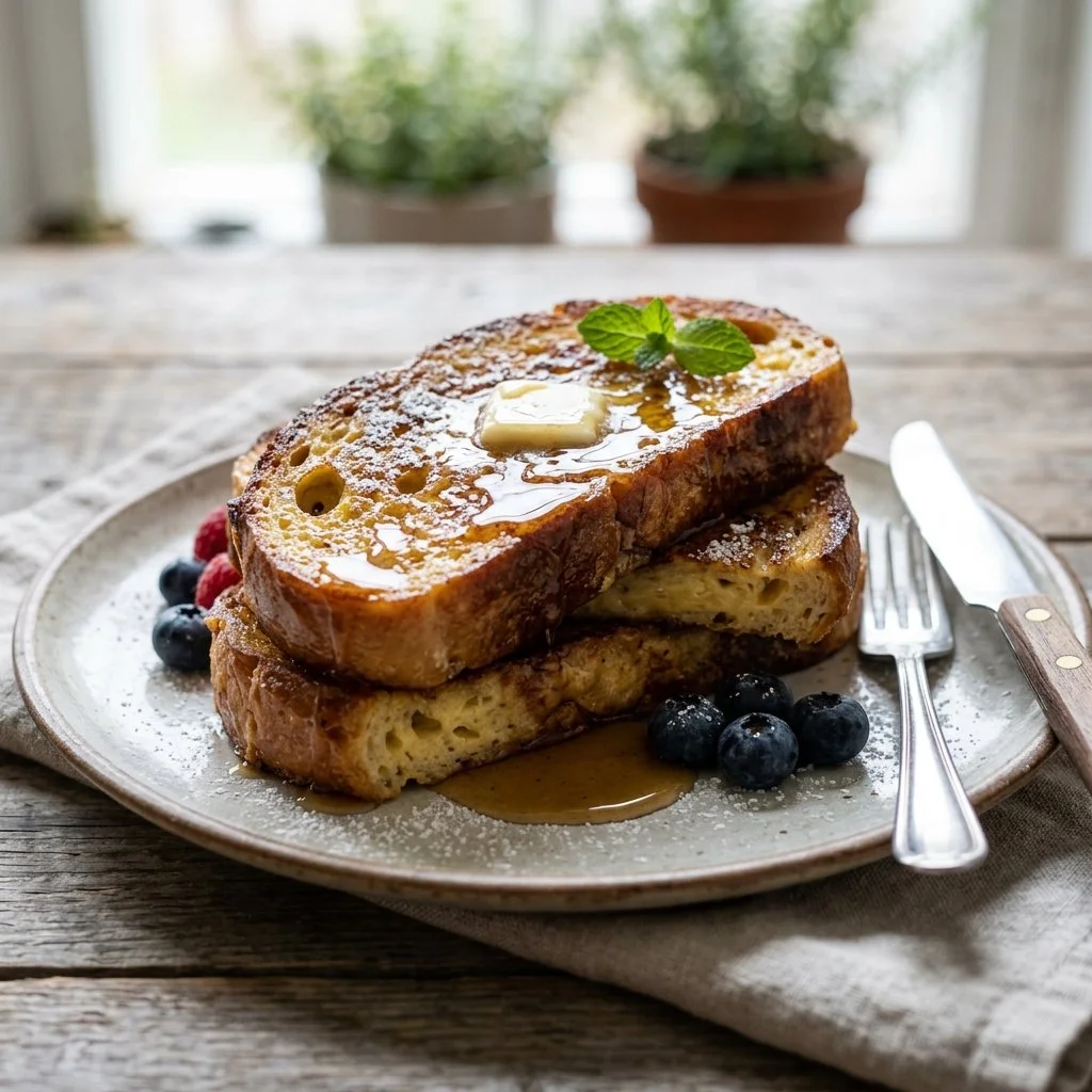 Deliciously golden Sourdough French Toast topped with fresh berries and syrup