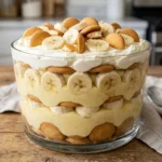 Delicious Southern banana pudding served in a glass dish with vanilla wafers