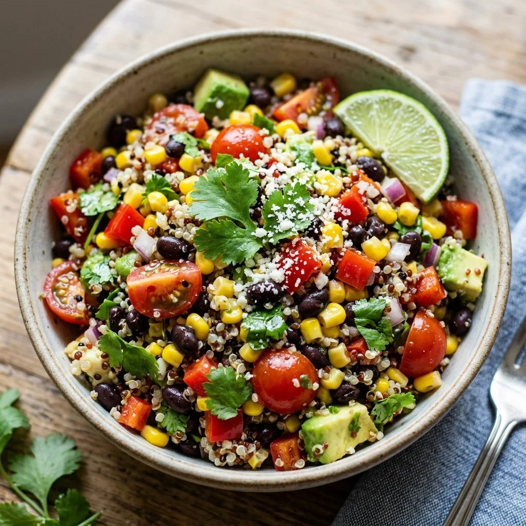 Healthy Southwest quinoa salad with fresh vegetables and spices.
