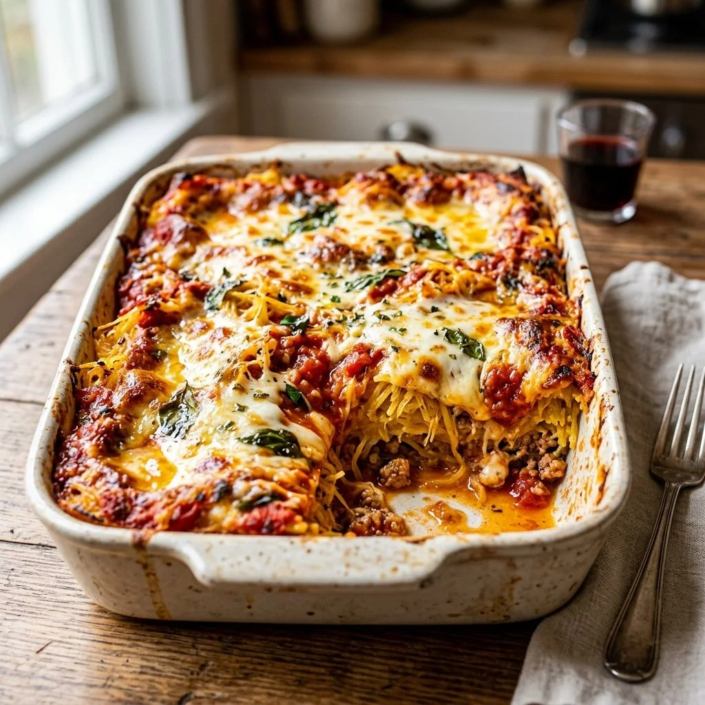 Delicious homemade spaghetti squash lasagna with melted cheese and vegetables