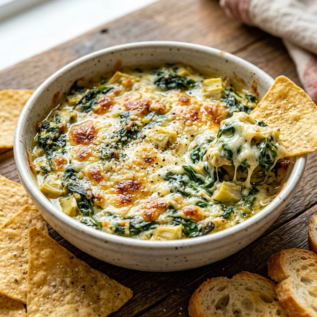 Delicious Spinach Artichoke Dip served in a bowl with tortilla chips