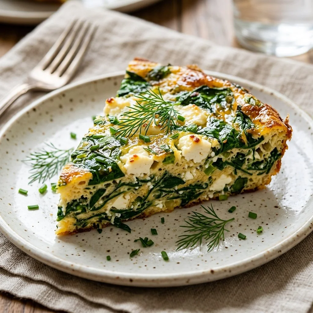 Freshly made Spinach Feta Frittata served on a plate