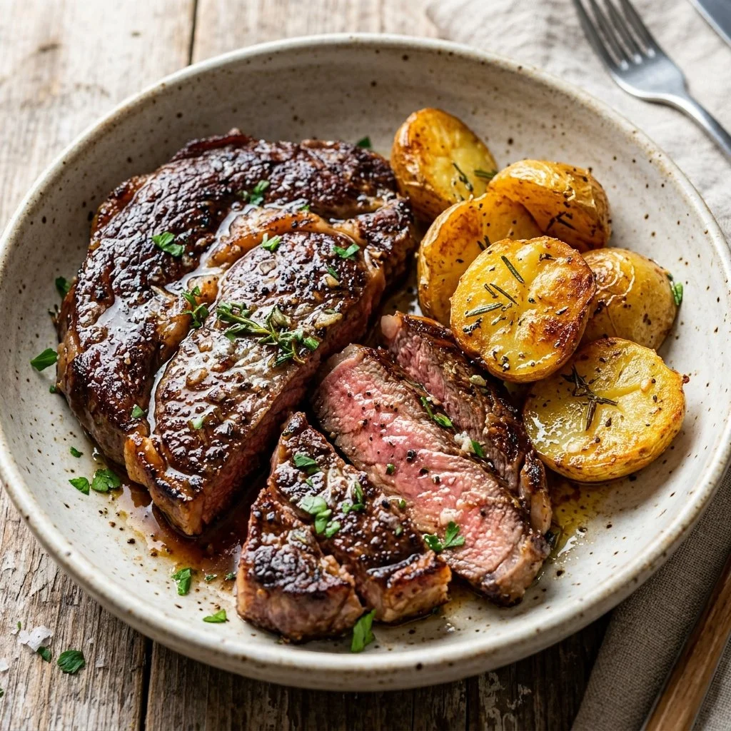 Juicy steak served with perfectly roasted potatoes on a plate.