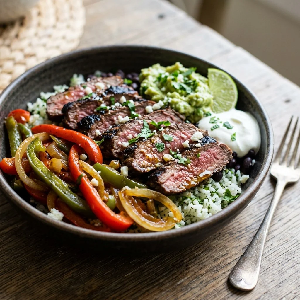Delicious Steak Fajita Bowl with seasoned steak, peppers, and toppings