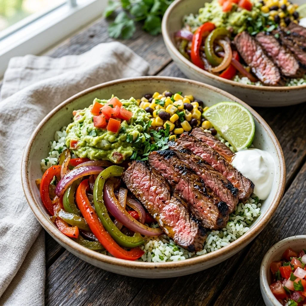 Deliciously prepared Steak Fajita Bowls with beef and fresh vegetables