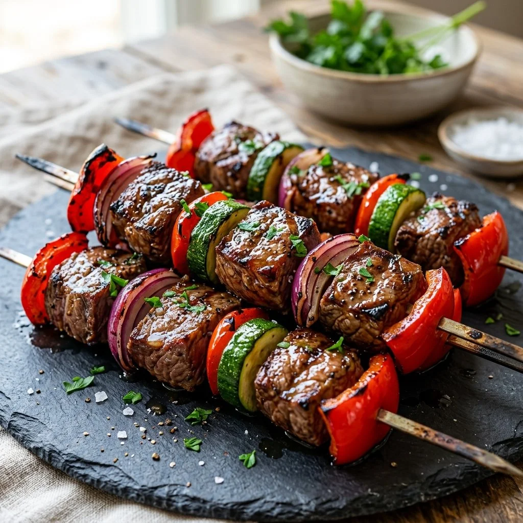 Grilled steak kabobs with colorful vegetables on skewers