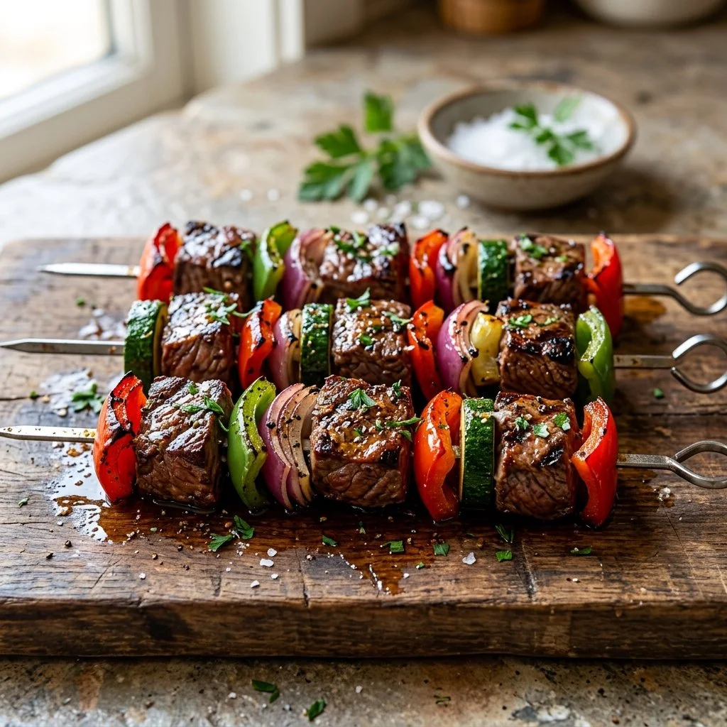 Grilled steak kabobs with colorful vegetables ready to serve.