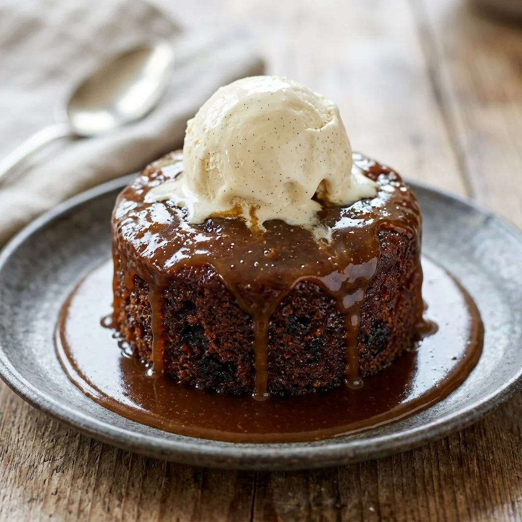 Delicious sticky toffee pudding dessert with caramel sauce and cream