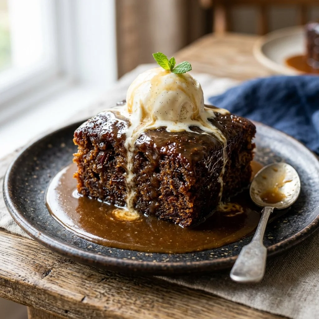 Delicious Sticky Toffee Pudding served with a caramel sauce and vanilla ice cream.