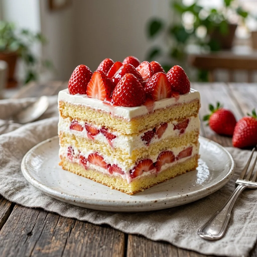 Delicious homemade strawberry cake topped with fresh strawberries and whipped cream
