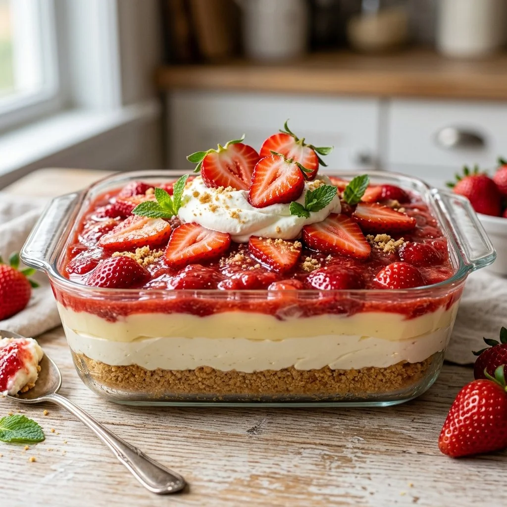 Delicious strawberry cheesecake lush dessert with fresh strawberries