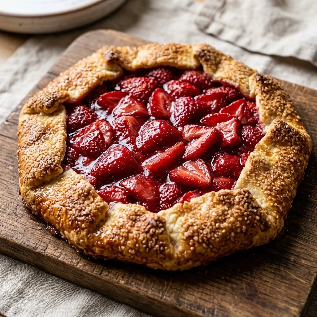 Freshly baked Strawberry Galette with flaky crust and vibrant red strawberries