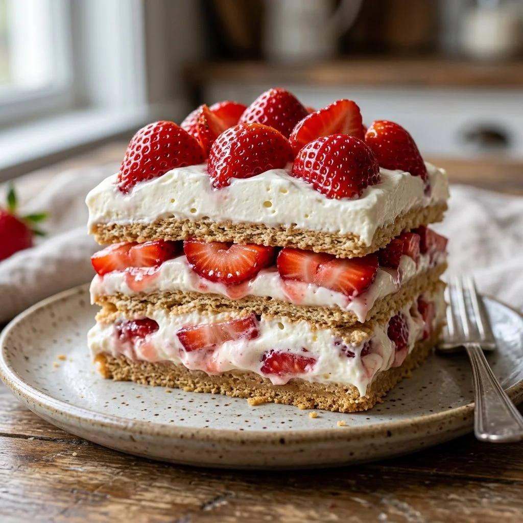 Delicious Strawberry Icebox Cake layered with fresh strawberries and whipped cream