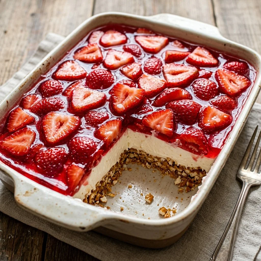 Delicious Strawberry Pretzel Salad with fresh strawberries and pretzel crust