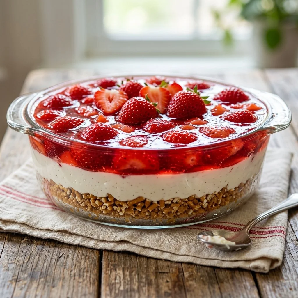 Delicious Strawberry Pretzel Salad with layers of strawberries and pretzel crust