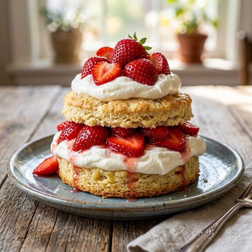 Delicious Strawberry Shortcake with fresh strawberries and whipped cream