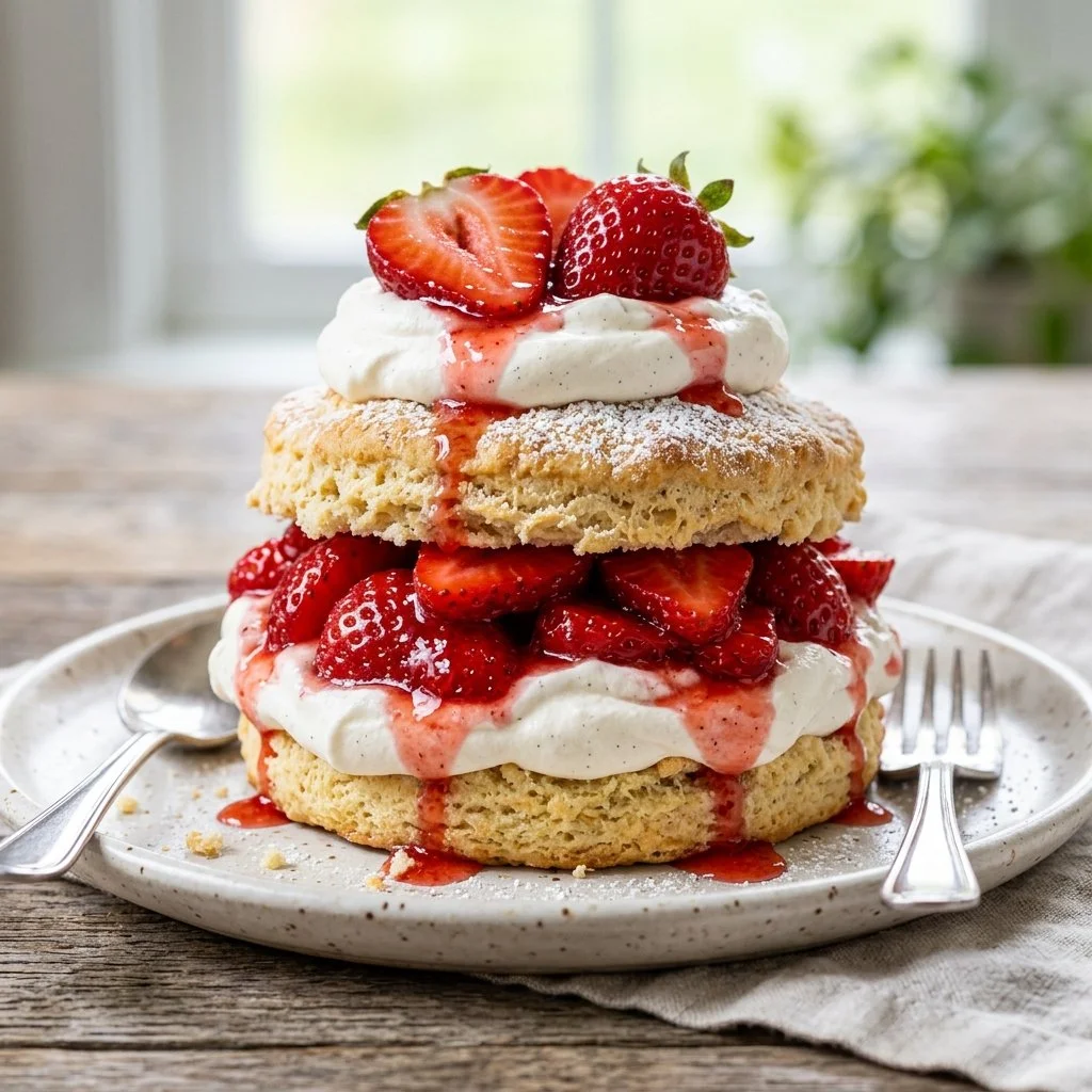 Delicious Strawberry Shortcake dessert with fresh strawberries and whipped cream.