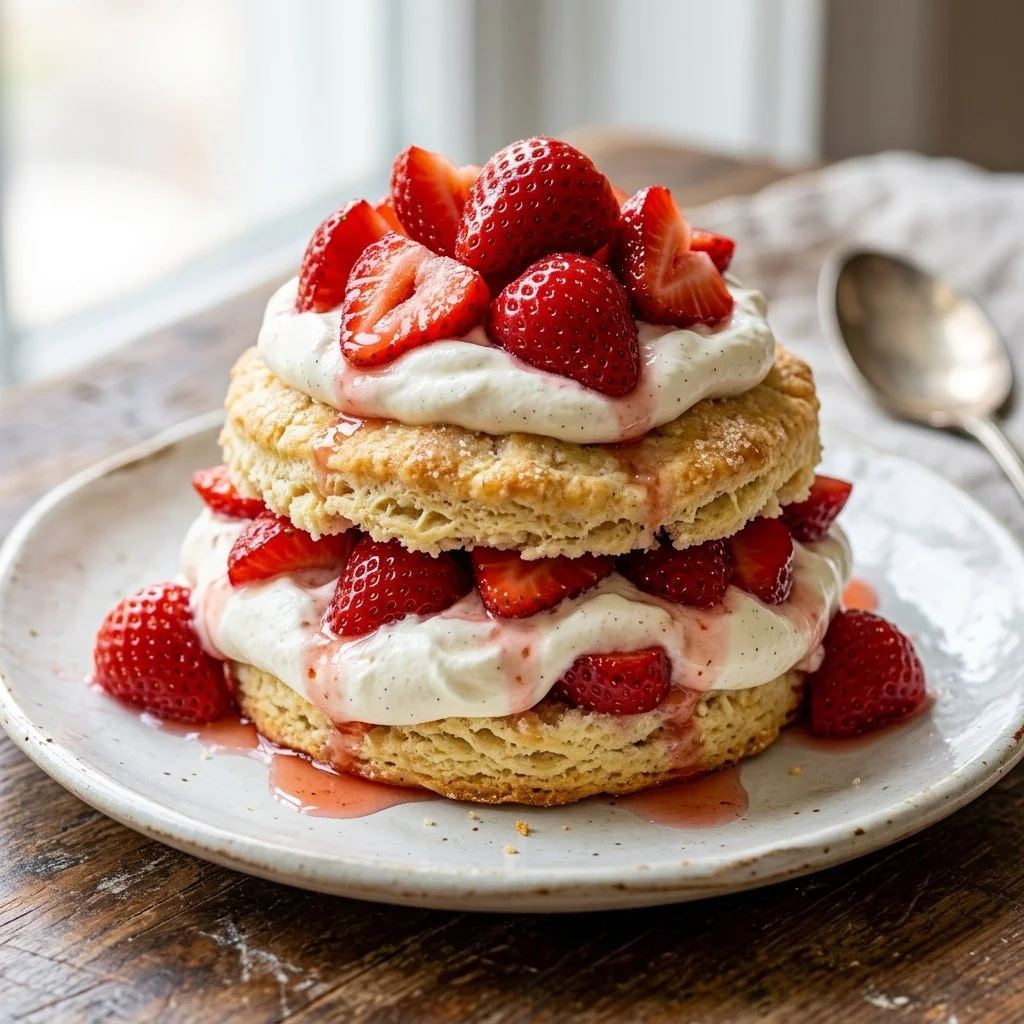 Delicious strawberry shortcake with fresh strawberries and whipped cream