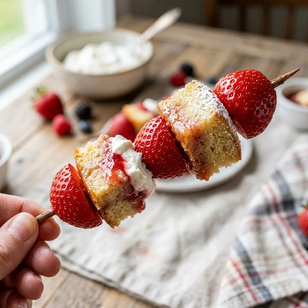 Strawberry Shortcake Kabobs with fresh strawberries and whipped cream