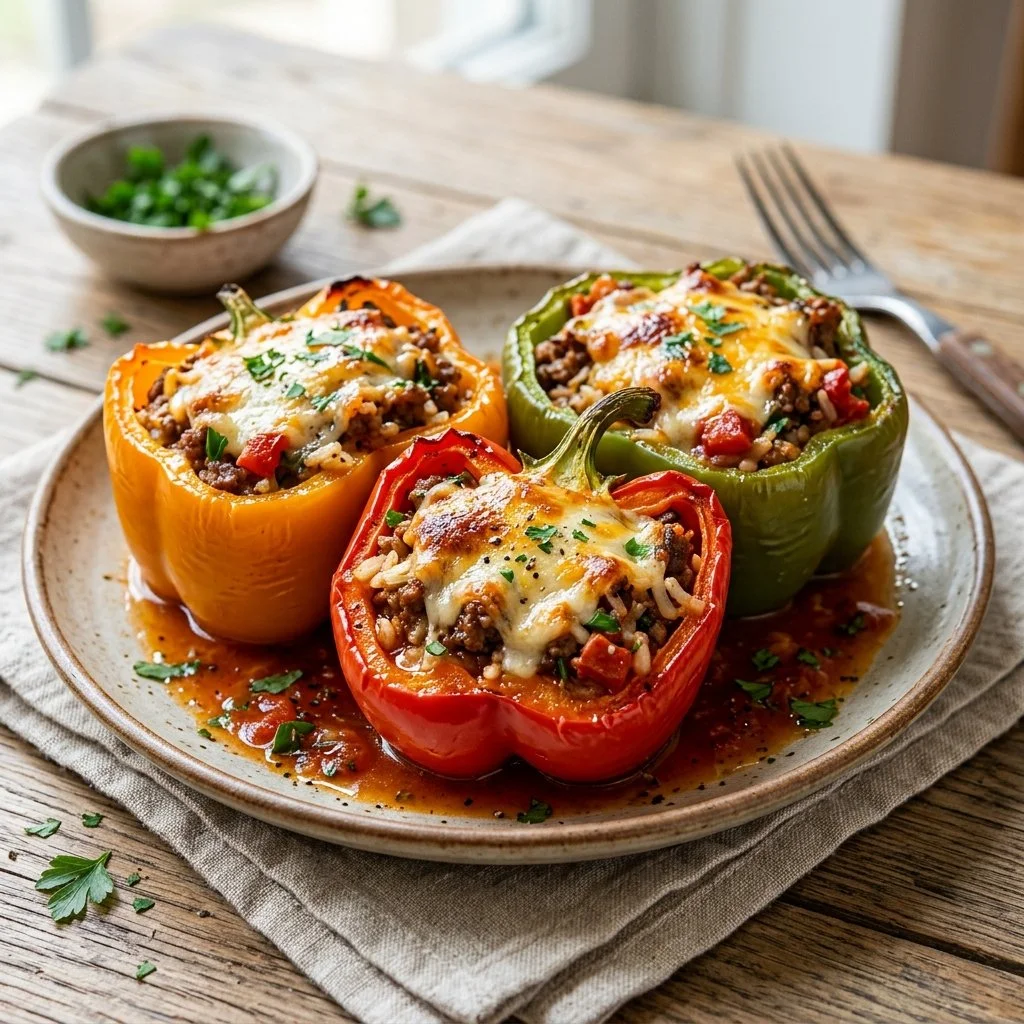 Colorful stuffed bell peppers filled with rice, vegetables, and spices