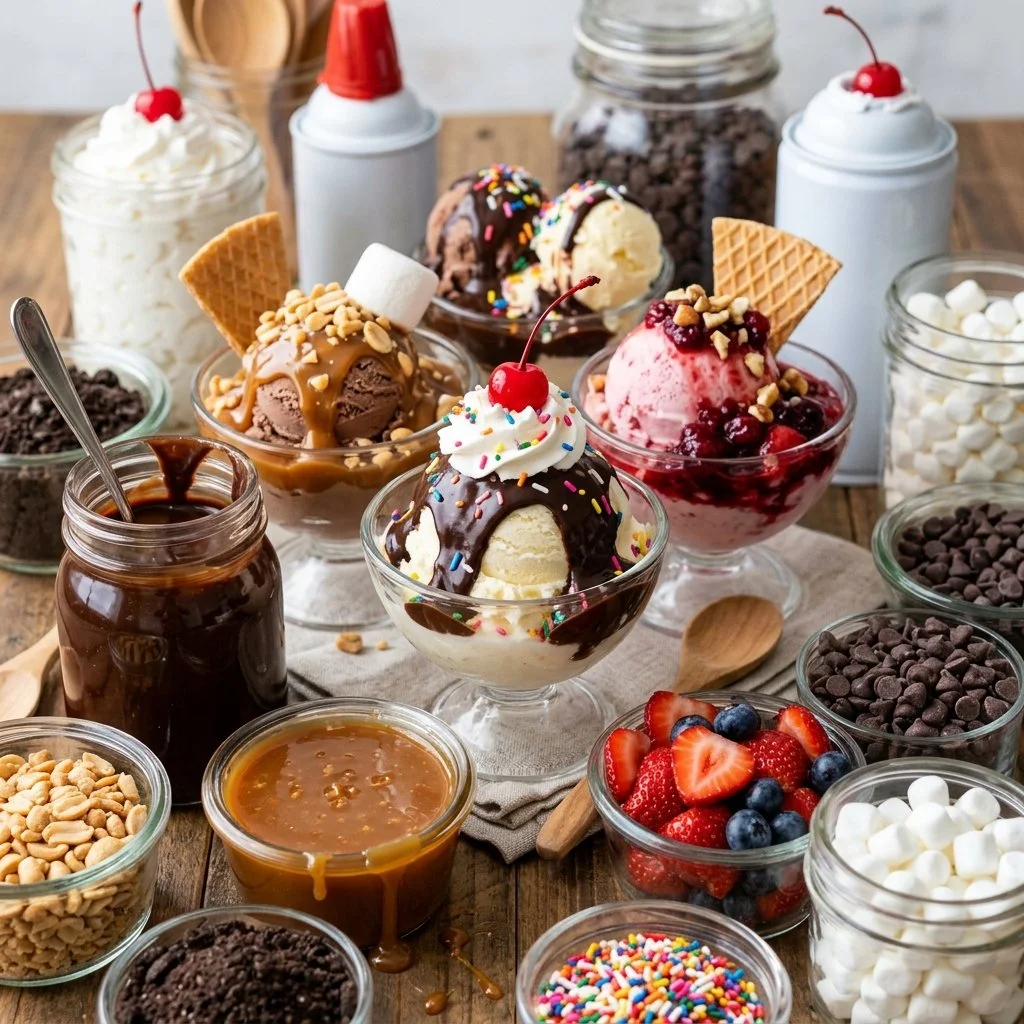 Sundae bar setup with ice cream, toppings, and bowls for a festive dessert experience.