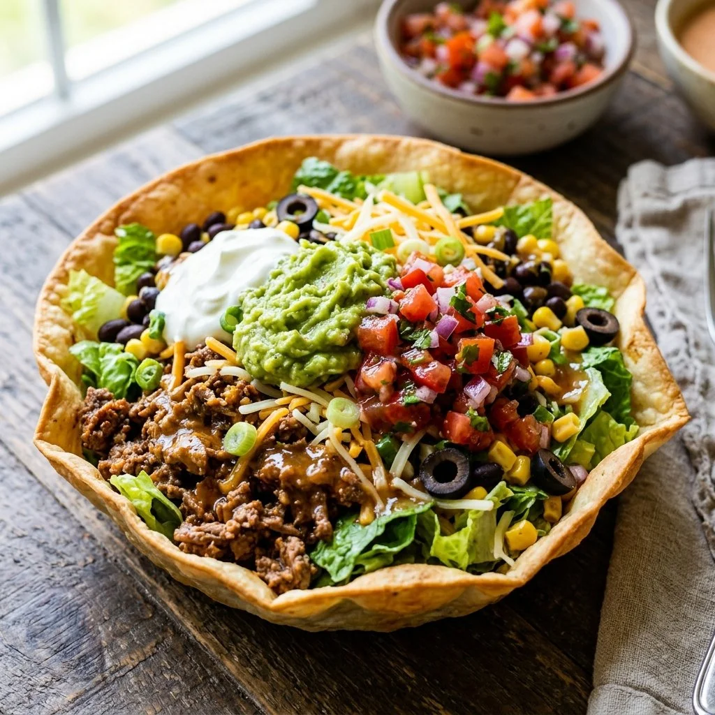 A colorful taco salad bowl filled with lettuce, beans, cheese, and toppings